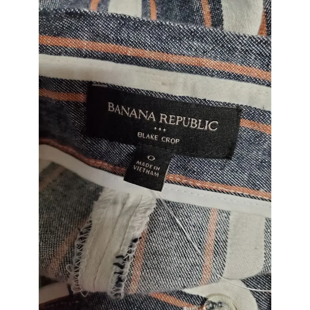 Banana Republic 0 Women LINEN Pants‎ Wide Leg Crop High Rise Striped Blue
